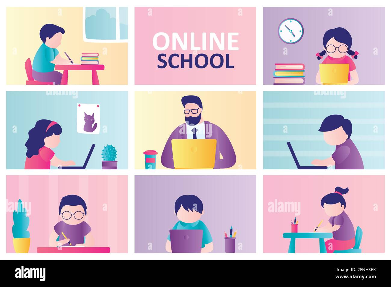 Online school landing page template. Children stay home and engaged on computer. Male teacher or tutor distance learning kids. Girls and boys watching Stock Vector