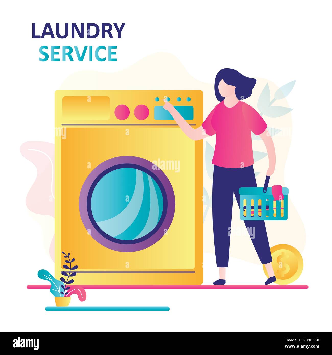 Beautiful woman came to wash clothes in laundry service. Female character holds basket with dirty clothes. Girl stands near large washing machine. Sel Stock Vector