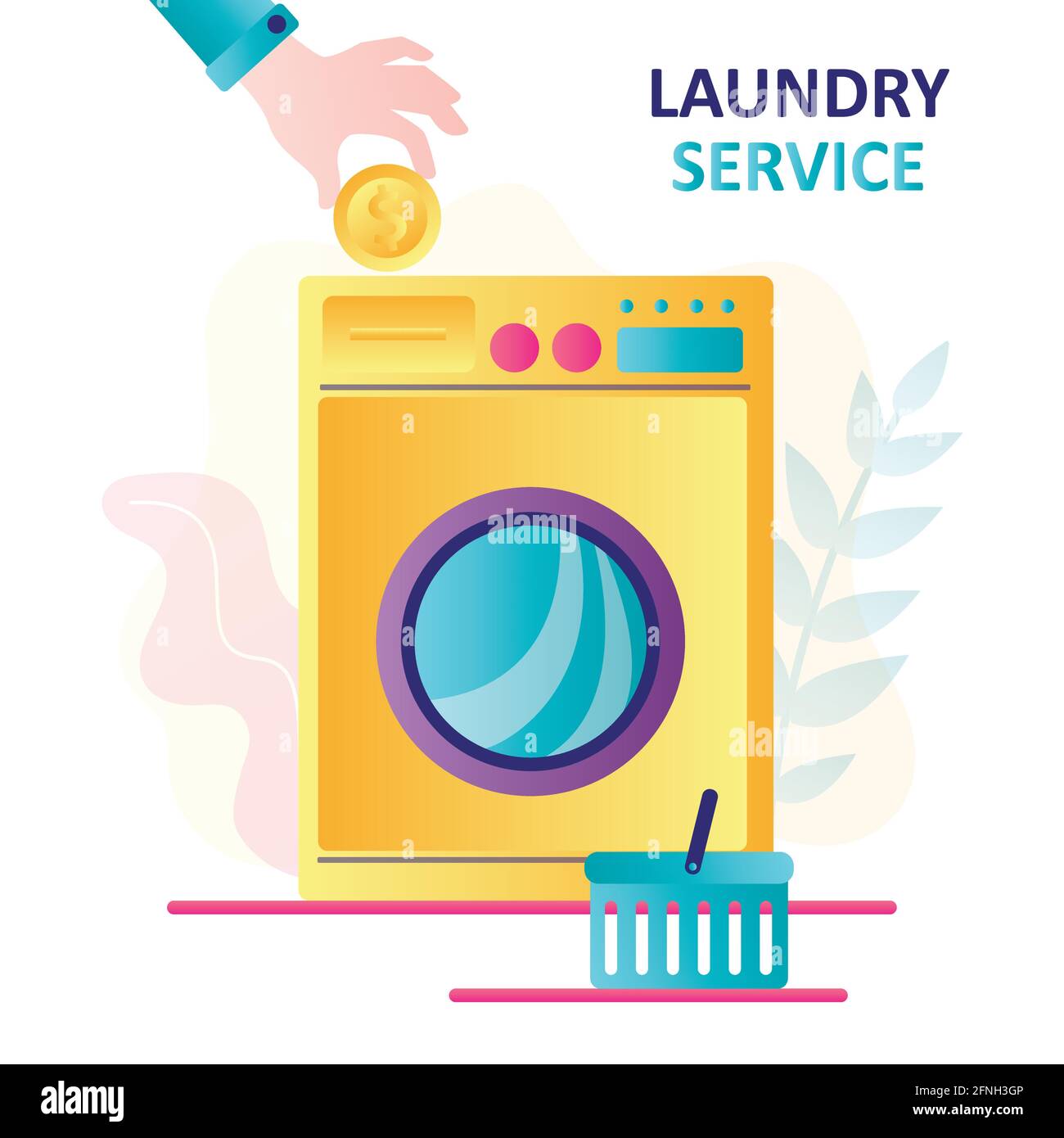 Concept of laundry service and launderette. Hand puts gold coin into big washing machine. Commercial washer, laundromat, laundry room. Housework, chor Stock Vector