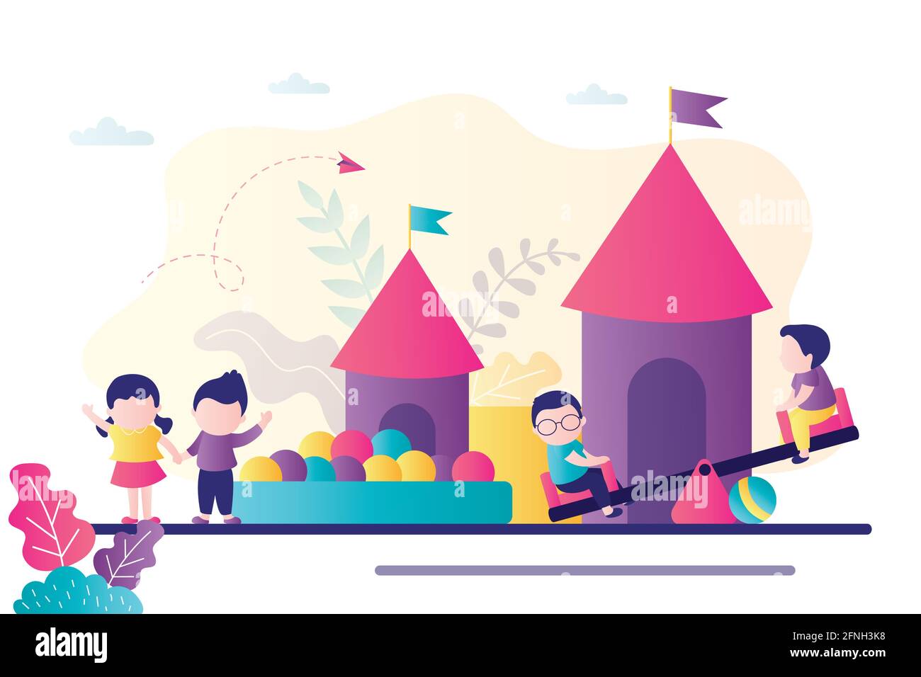 Group of children playing on a playground. Kindergarten pupils on recreational area. Cute boys and girls have fun on swing and sandpit. Preschool kids Stock Vector