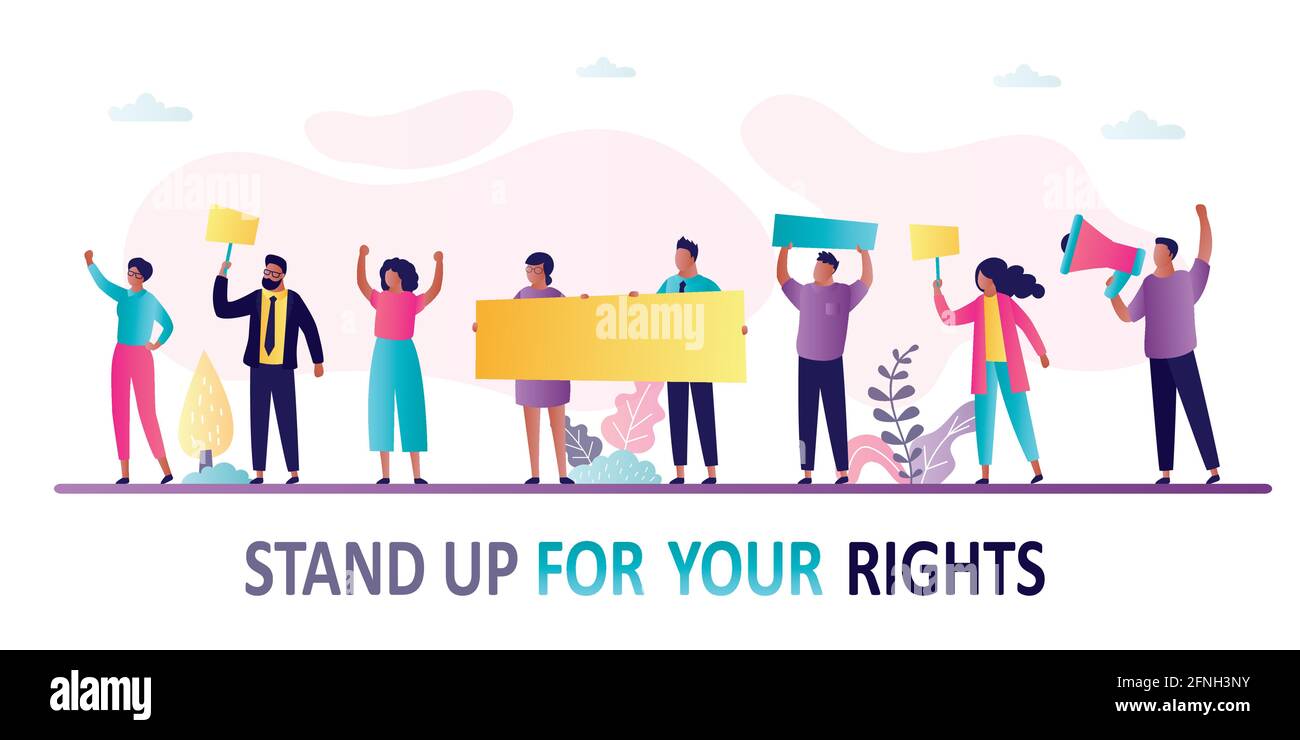 Crowd of protesting people. African american men and women with placards and signs. Protest for Human rights . Democratic freedoms, peaceful protest. Stock Vector