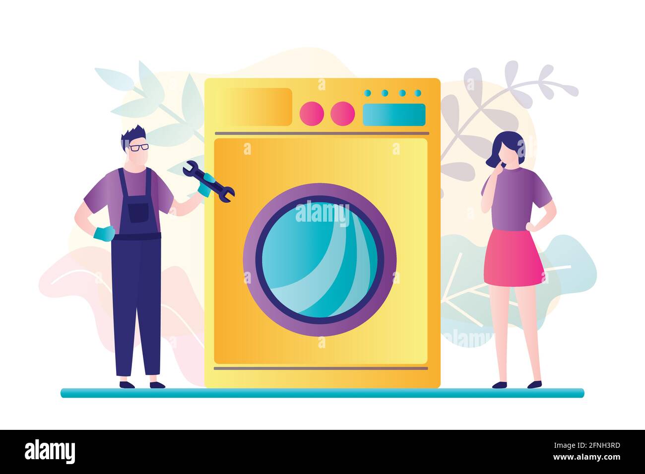 Handyman wearing blue overalls repair or fixes broken washing machine for female client. Tech maintenance service center. Male character holds wrench. Stock Vector