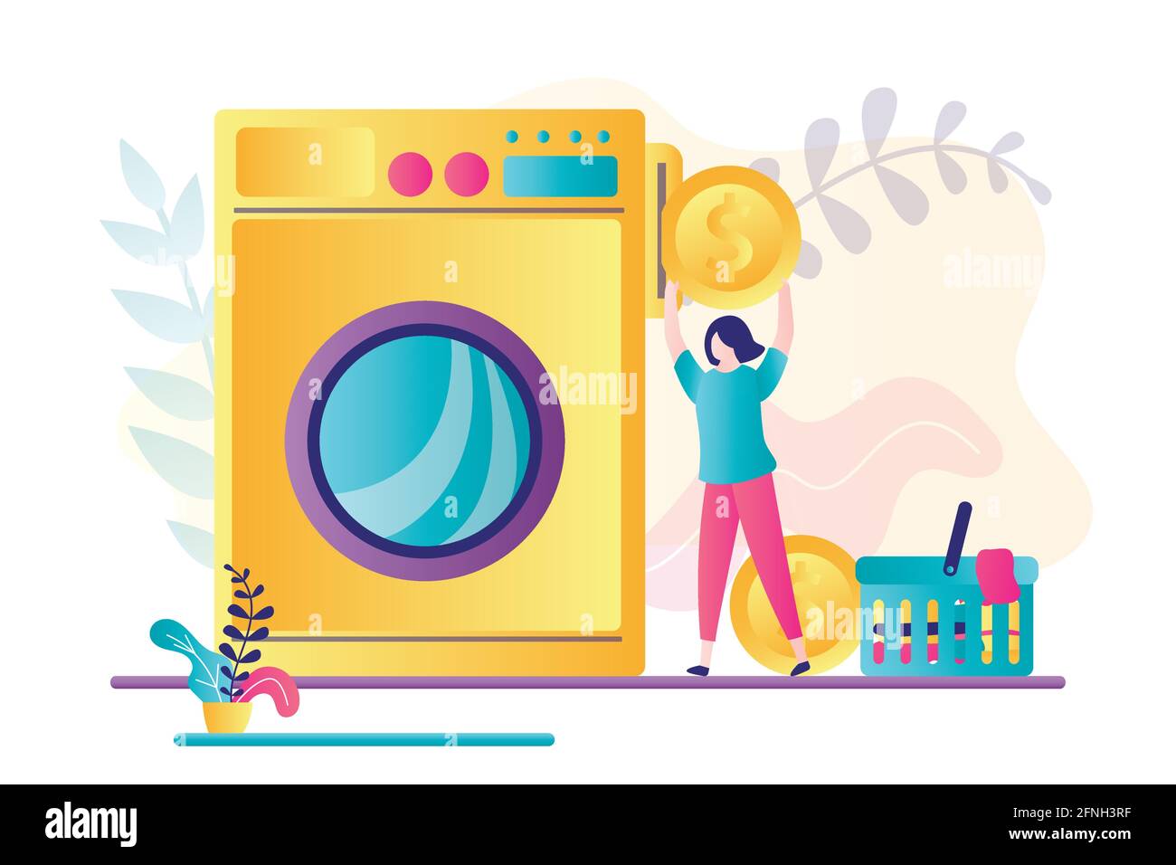 Beautiful woman wash clothes in laundry service. Female character holds big coin for payment. Dirty clothes in laundry basket. Large washing machine, Stock Vector