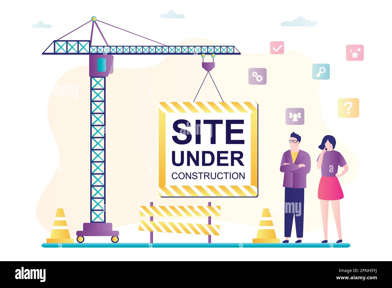 Big crane hold placard - site under construction. Error 404 horizontal banner template. Page is not found. Internet connection problem. Unhappy people Stock Vector