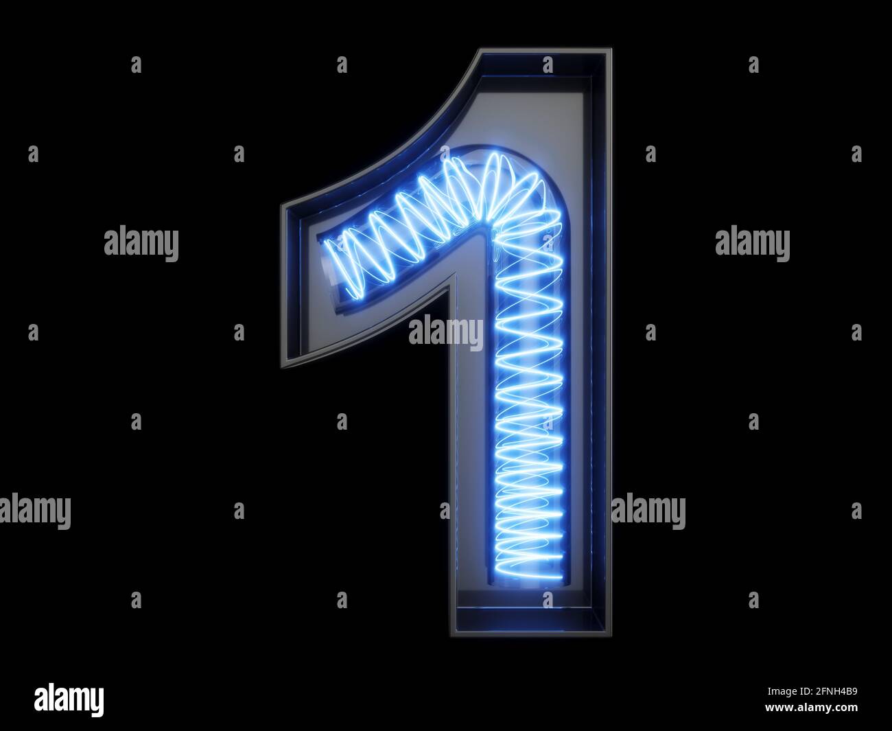 Light bulb spiral glowing digit alphabet character 1 one font. Front view illuminated number 1 symbol on black background. 3d rendering illustration Stock Photo
