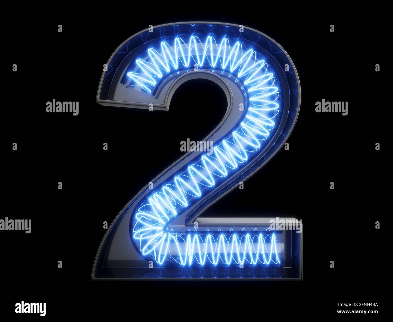 Light bulb spiral glowing digit alphabet character 2 two font. Front view illuminated number 1 symbol on black background. 3d rendering illustration Stock Photo