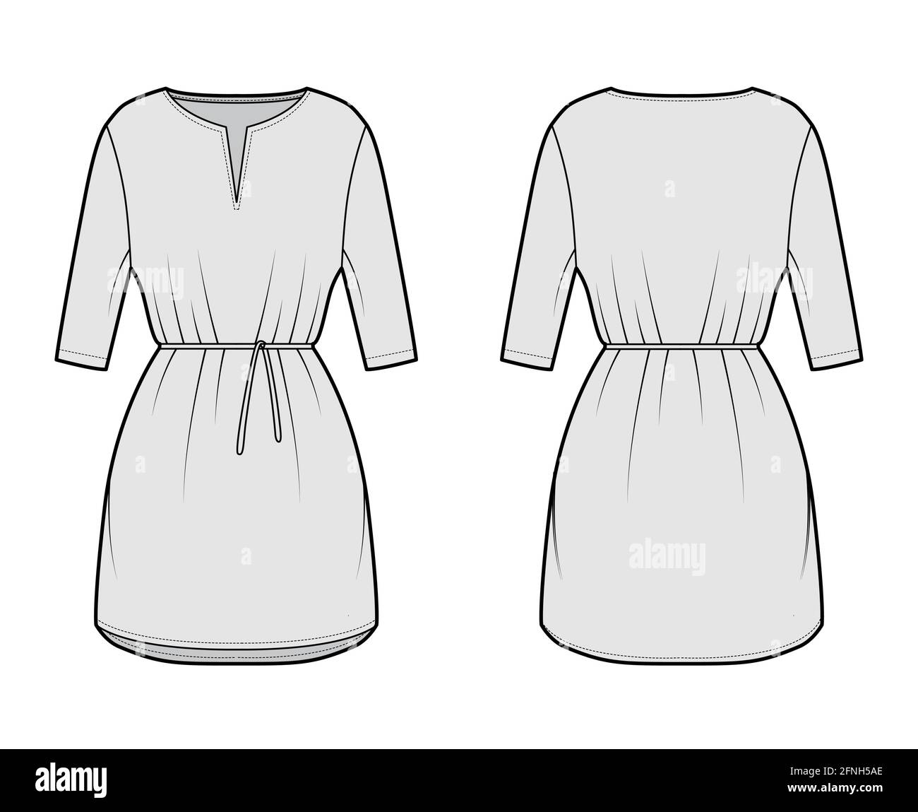 Dress tunic technical fashion illustration with tie, elbow sleeves, oversized body, mini length skirt, slashed neck. Flat apparel front, back, grey color style. Women, men CAD mockup Stock Vector
