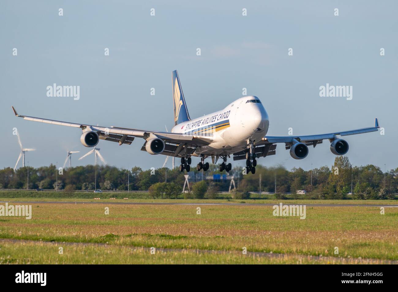 Singapore airlines Cargo Boeing 747 during landing phase Stock Photo
