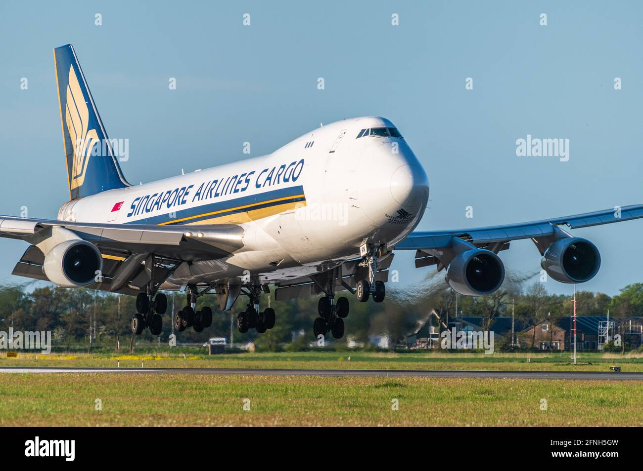 Singapore airlines Cargo Boeing 747 during landing phase Stock Photo