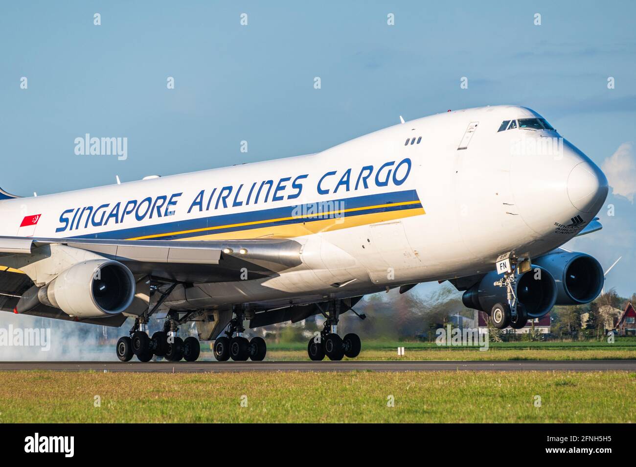 Singapore airlines Cargo Boeing 747 during landing phase Stock Photo
