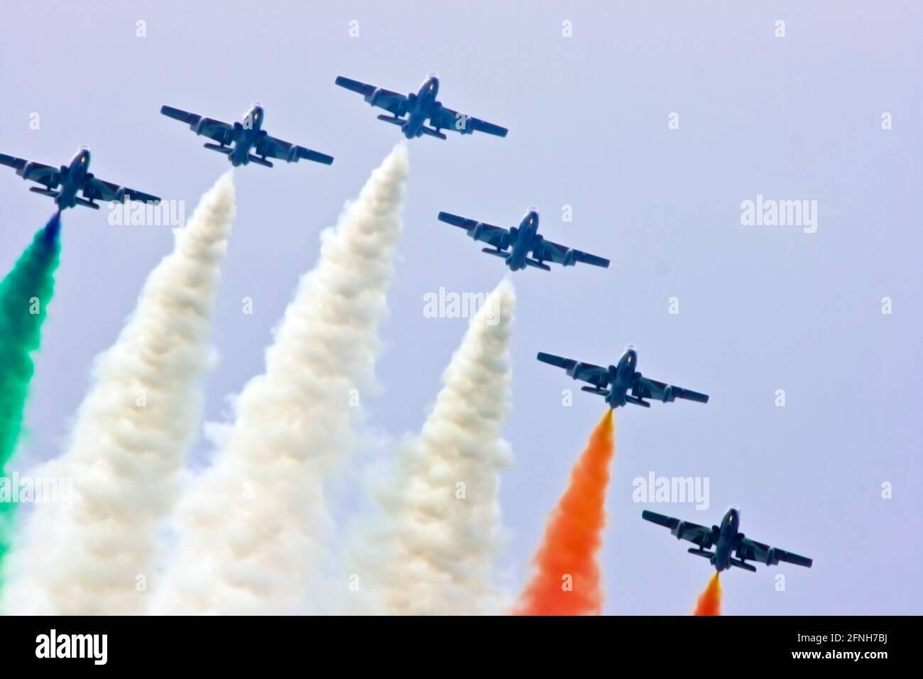 VIGNA DI VALLE, ROME, ITALY - JUNE 1, 2008: Tricolor flag of Italy drawn in the sky by the aerobatic team of the Italian Air Force. Stock Photo