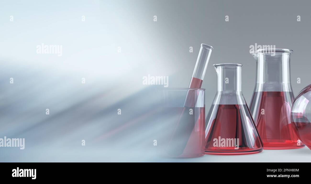 Composition of flasks and test tubes with fluid in lab with motion blur
