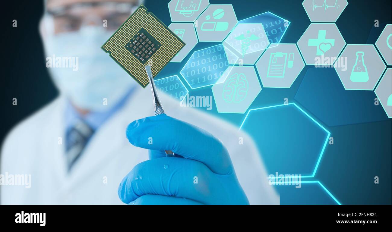 Composition of male doctor holding processor over virtual screen with ...