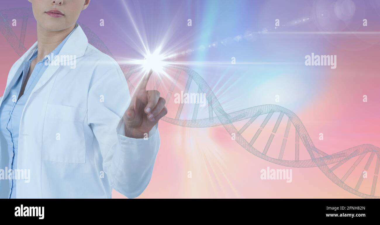 Composition of caucasian female doctor over dna strand Stock Photo