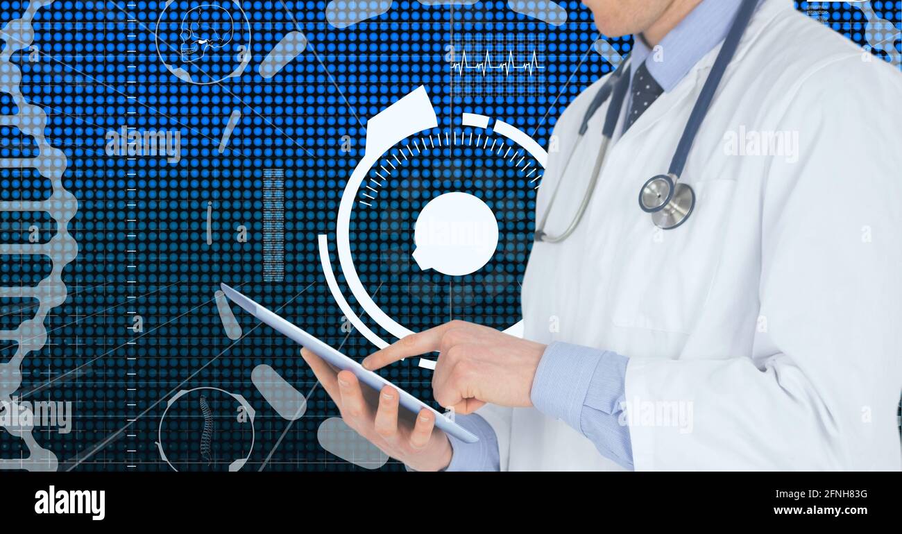 Composition of caucasian male doctor with tablet over digital interface ...