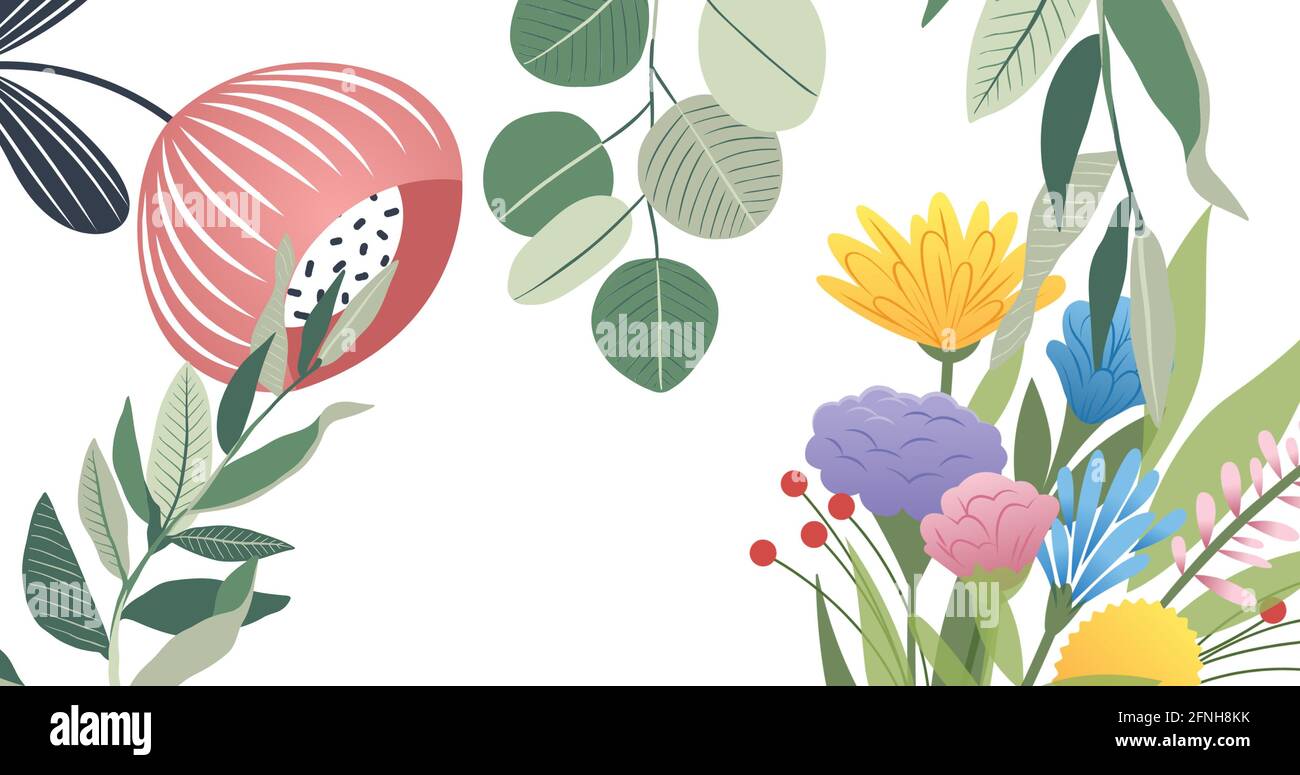 Illustration of flowers and leaves on white background Stock Photo - Alamy