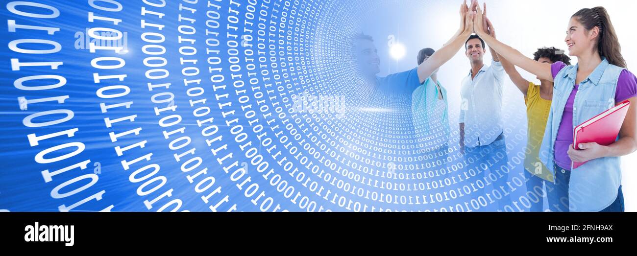 Composition of binary coding over students high fiving Stock Photo