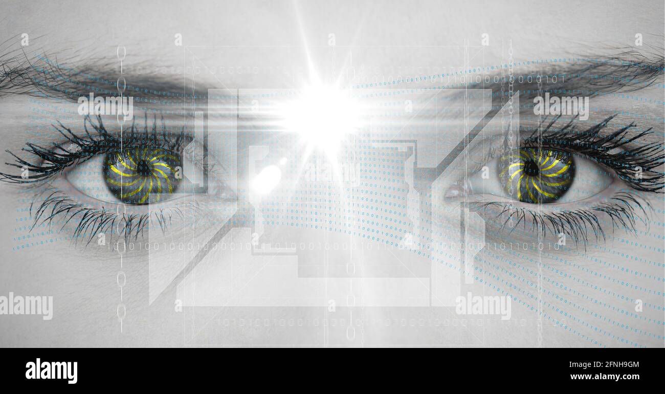 Composition of binary coding data processing over woman's face Stock Photo