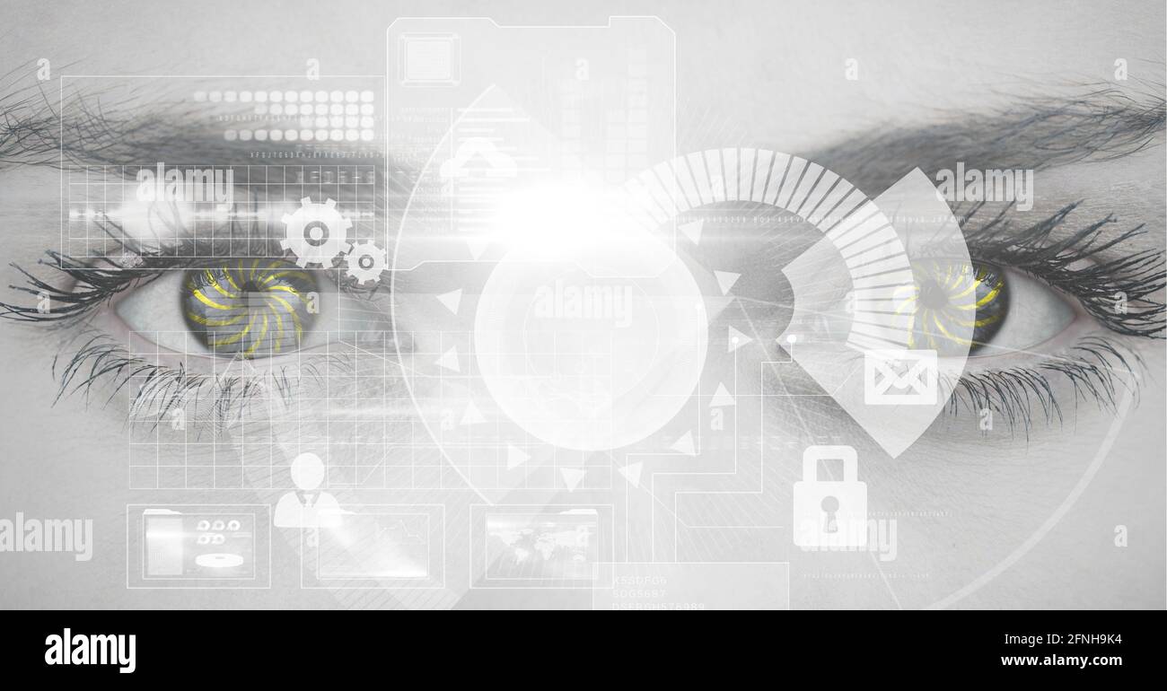 Composition of scope scanning data processing over woman's face Stock Photo