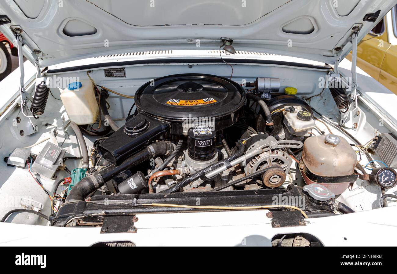 Samara, Russia - May 15, 2021: Russian Volga vehicle with tuned car engine, under the hood of a vehicle Stock Photo