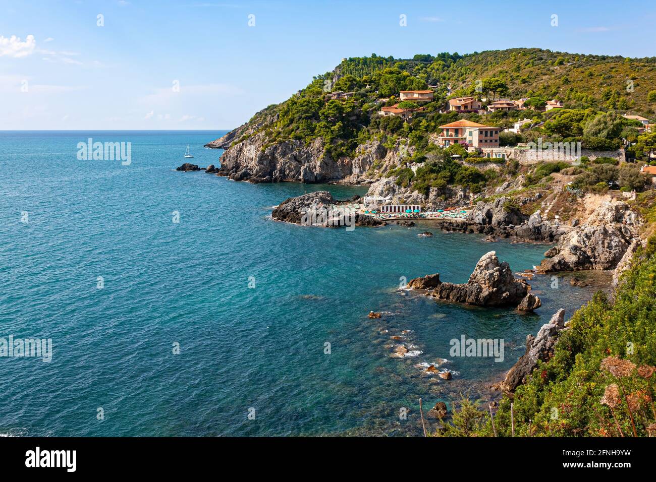 Cape promontory on the sea at Talamone in Tuscany Italy Stock Photo