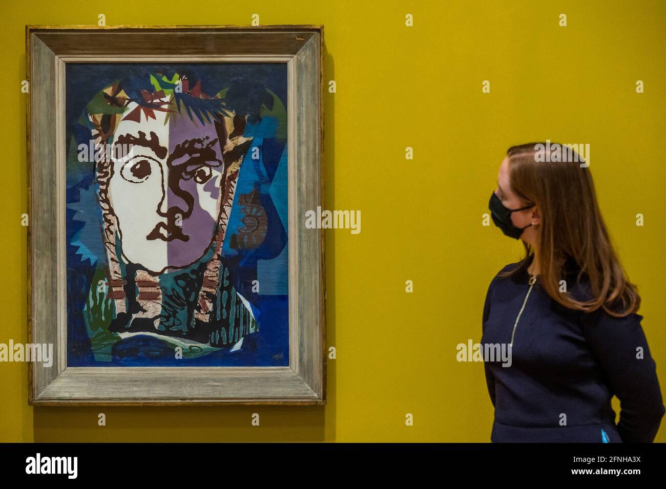 London, UK. 17 May 2021. Apocalyptic Head, 1963 - Eileen Agar: Angel of Anarchy, a major retrospective of her work. The exhibition is the largest of Agar's work to date and celebrates the crucial role that she played within the development of European twentieth century culture. It features over 100 paintings, collages, photographs, assemblages and archive material, much of which has been rarely exhibited. Whitechapel Gallery's new exhibitions as it re-opens after the latest lockdown - Timed entry will be in place with a one-way system around the gallery amongst other Coronavirus precautions. C Stock Photo