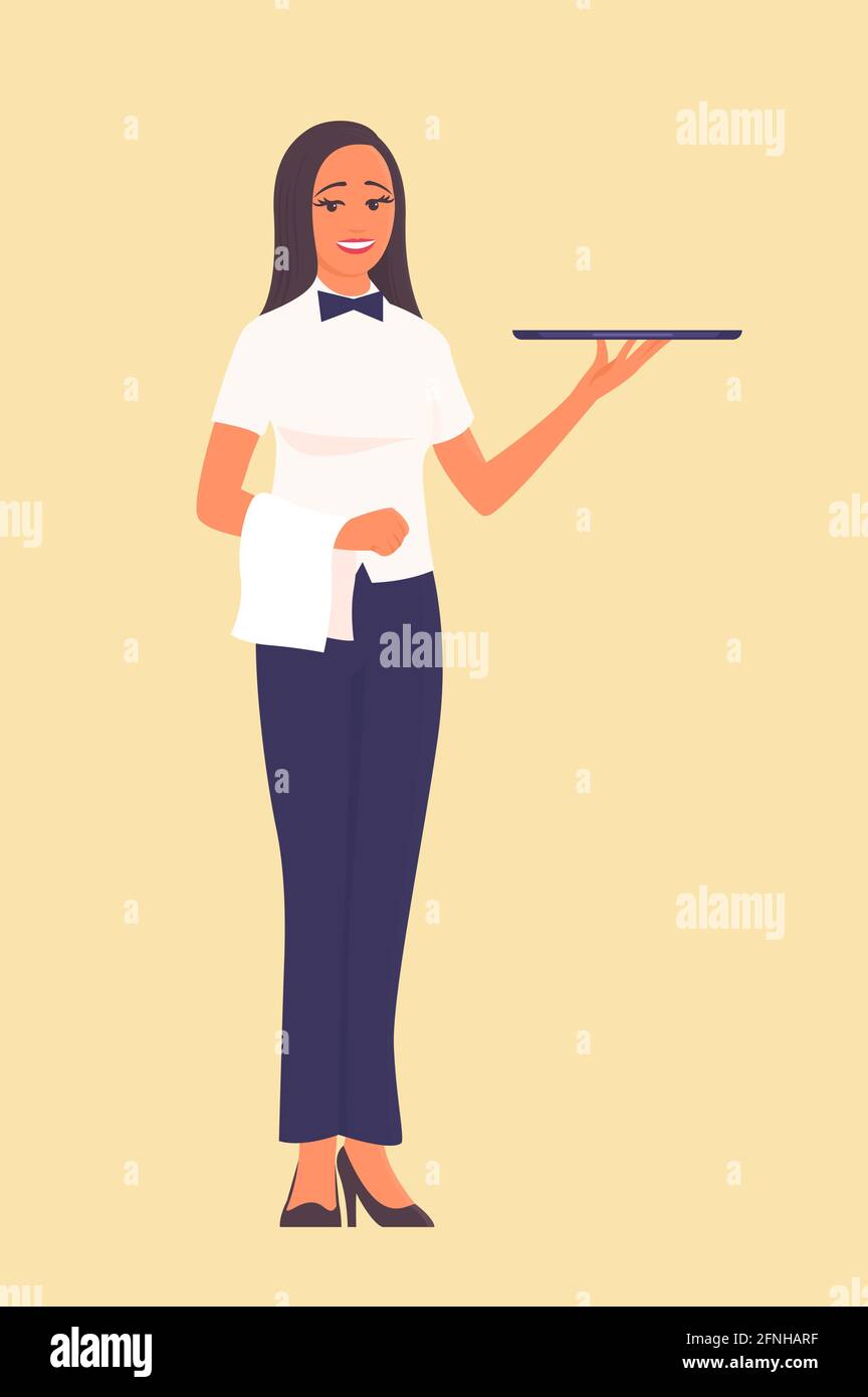 A beautiful girl waiter stands with a tray in his hand. There is a smile on my face. Vector cartoon character illustration Stock Vector