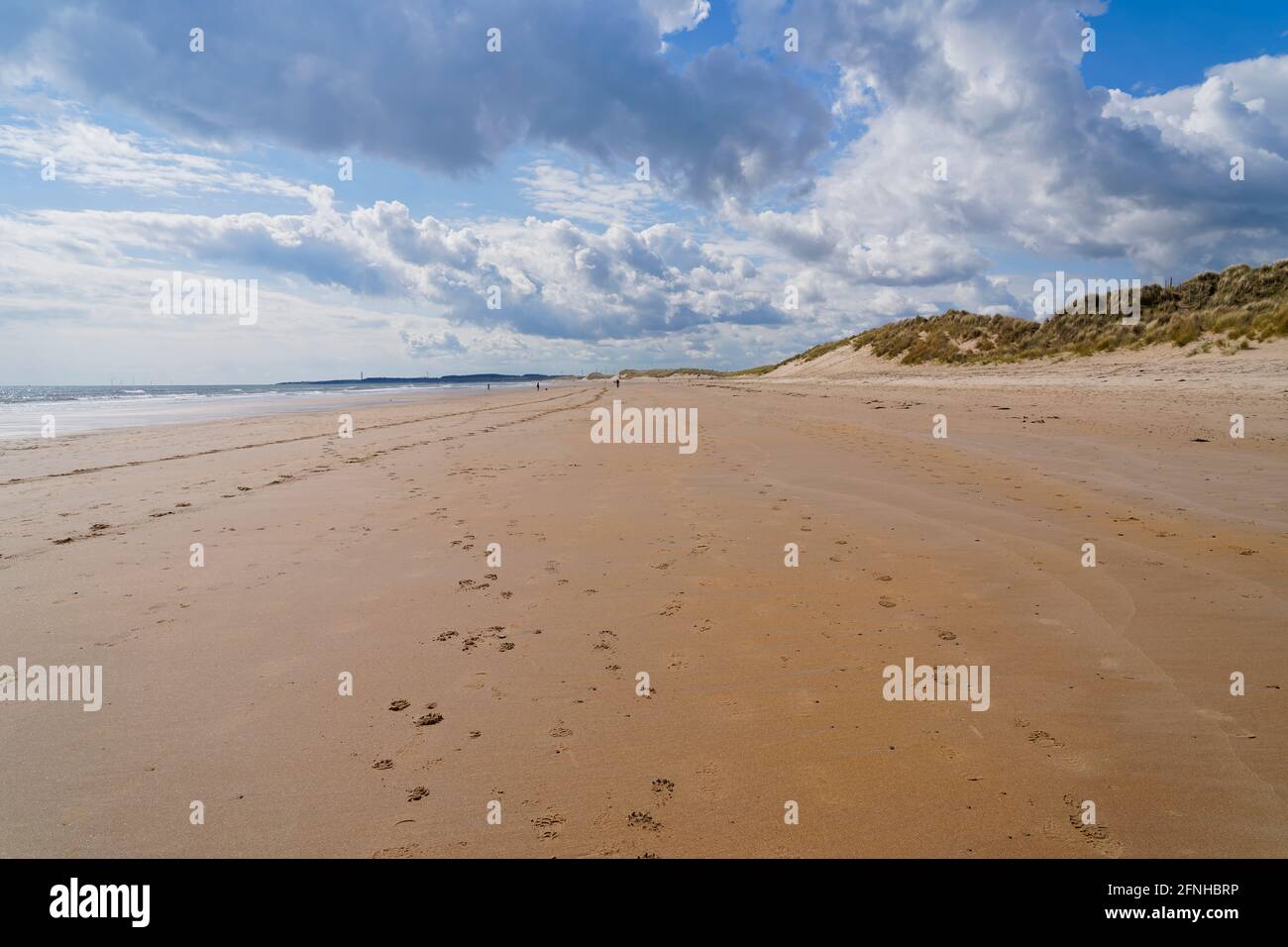 Long lines of footprints travel down Druridge Bay beach at low tide as