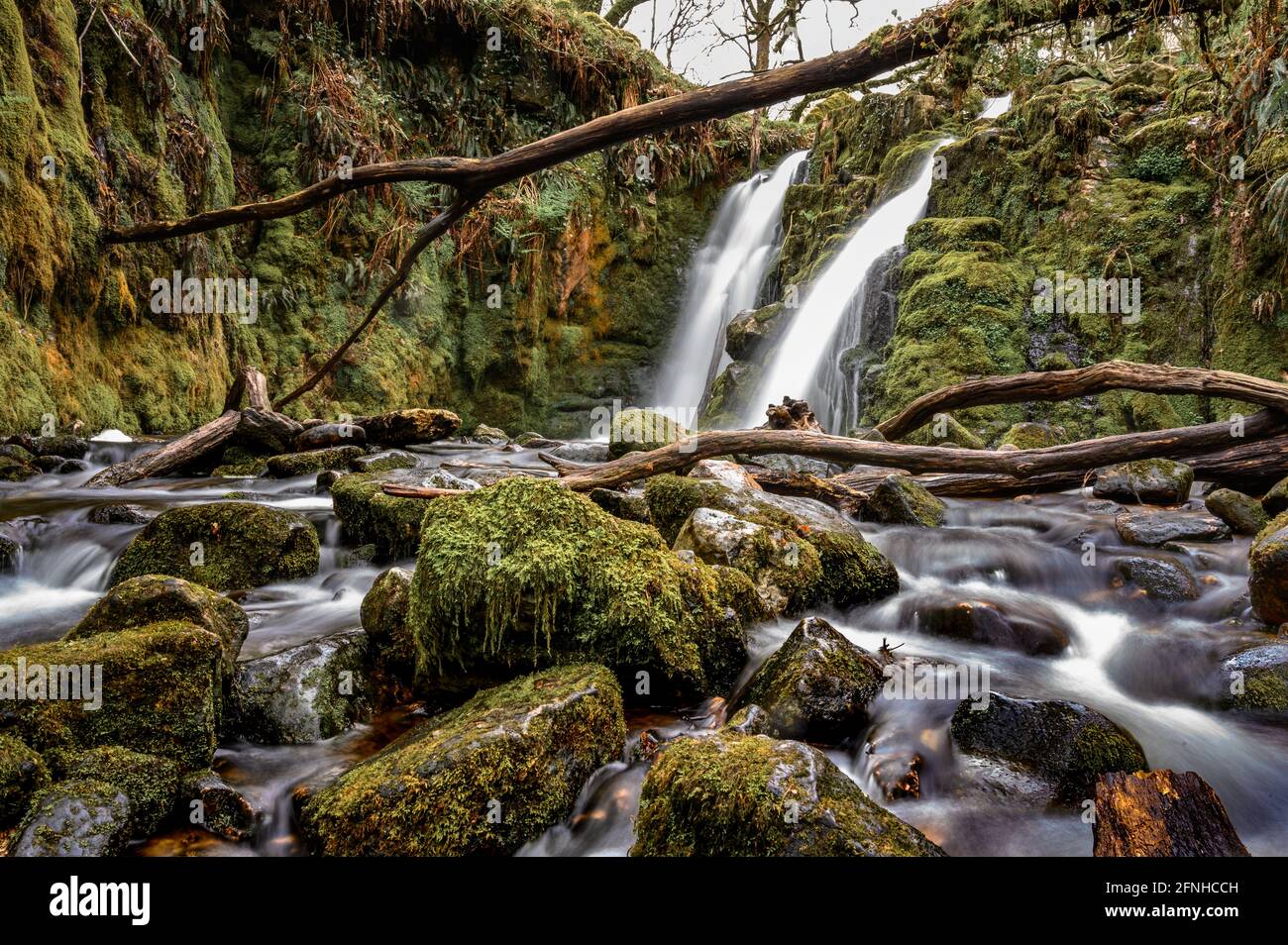 Twin waterfall at Venford, Dartmoor Stock Photo