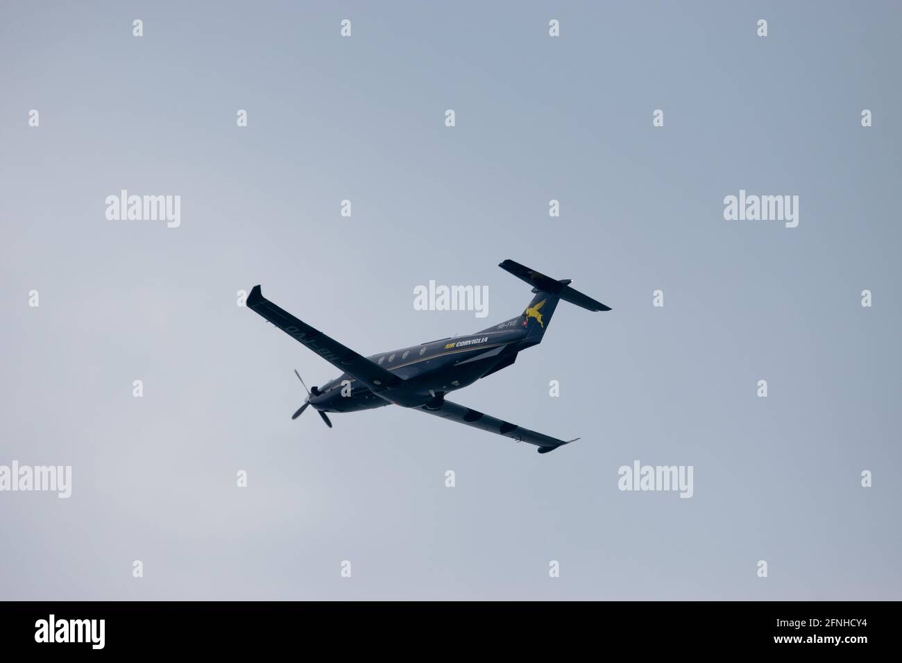 Pilatus PC-12 aircraft in flight at the airport Saint Gallen Altenrhein in Switzerland 28.4.2021 Stock Photo