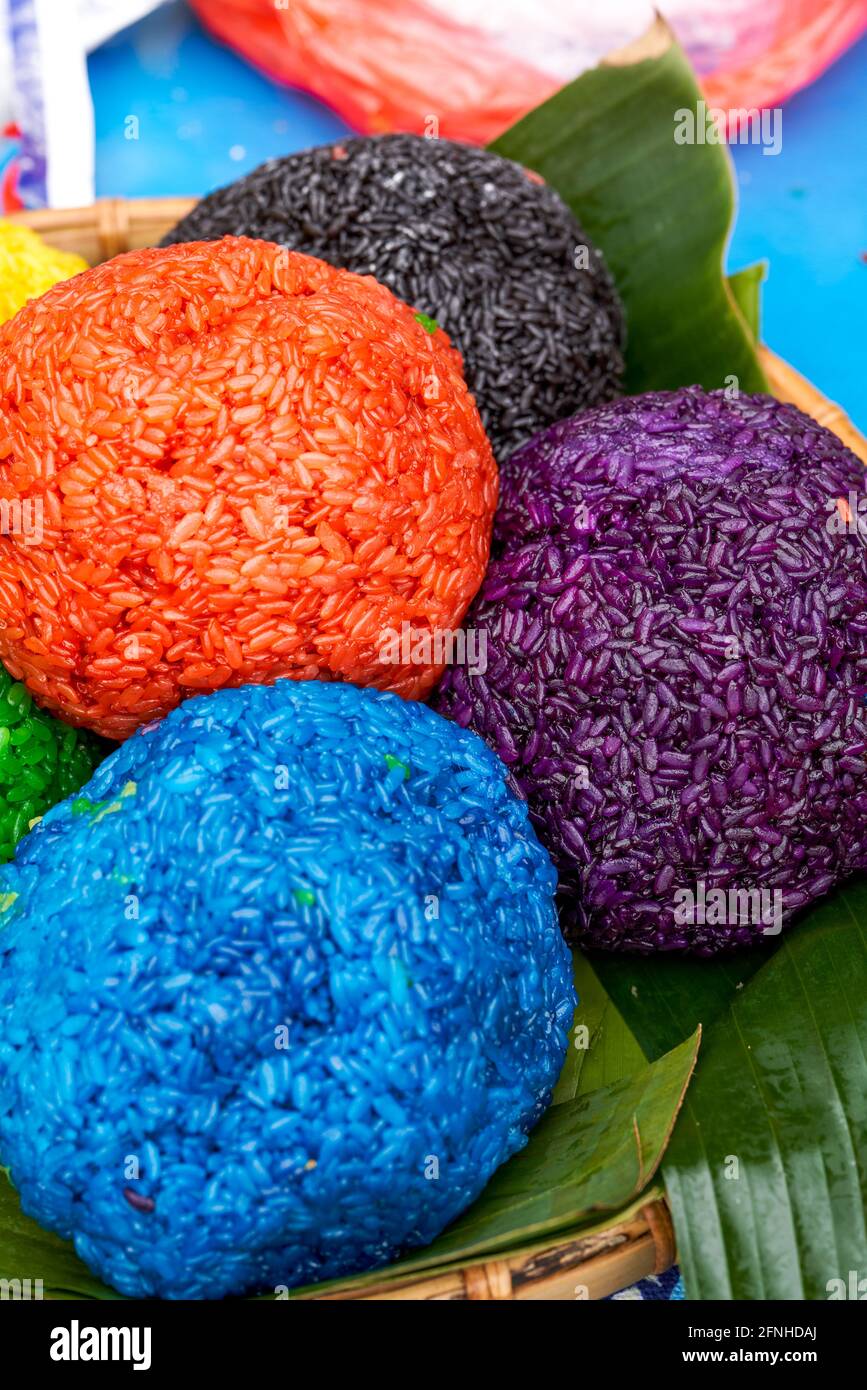 Chinese ethnic minority Guangxi Zhuang nationality specialties, five-color glutinous rice Stock Photo