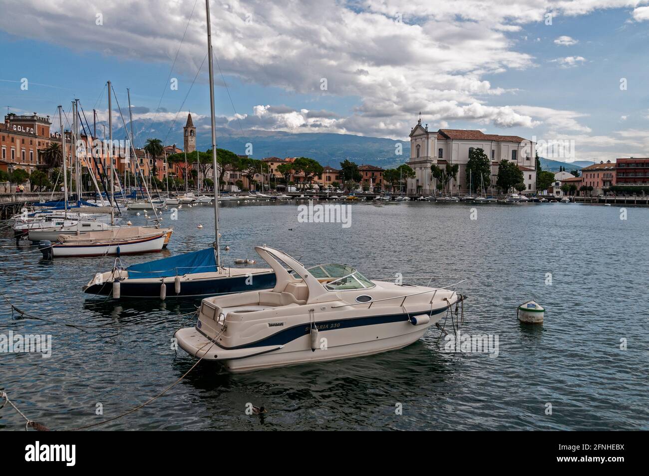 Toscolano-Maderno is a tourist resort and a small industrial town on the west shore of Lake Garda, in the province of Brescia, in the region of Lombar Stock Photo