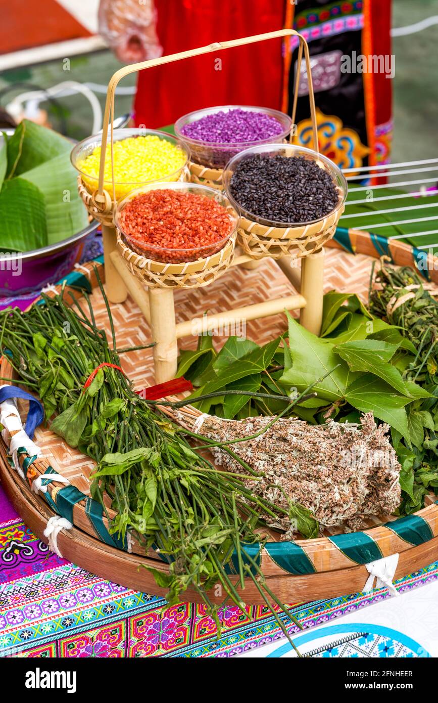 Chinese ethnic minority Guangxi Zhuang nationality specialties, five-color glutinous rice Stock Photo