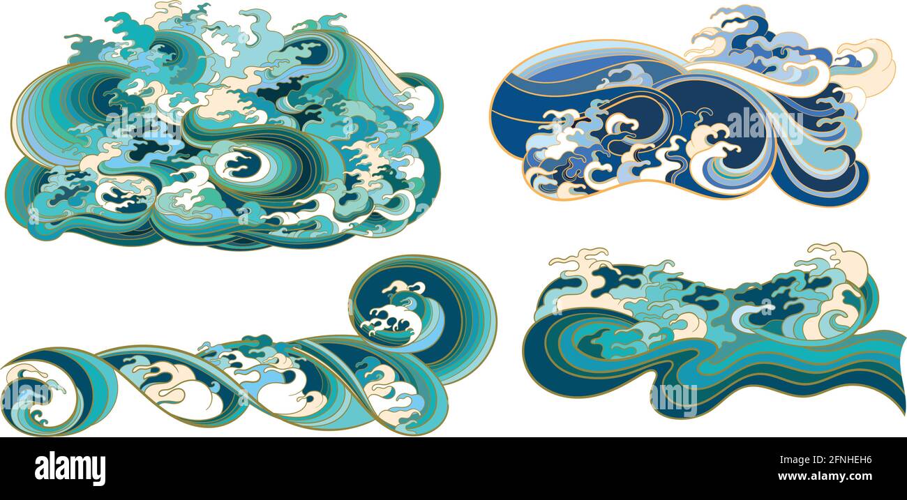 A set of vector elements, templates on the theme of waves in an oriental style. Stock Vector