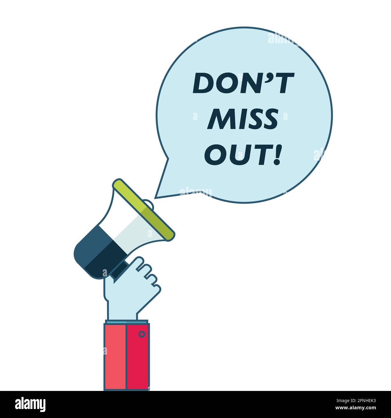 WebHand holding megaphone with don't miss out speech bubble. Loudspeaker. Banner for business, marketing and advertising. Vector Stock Vector