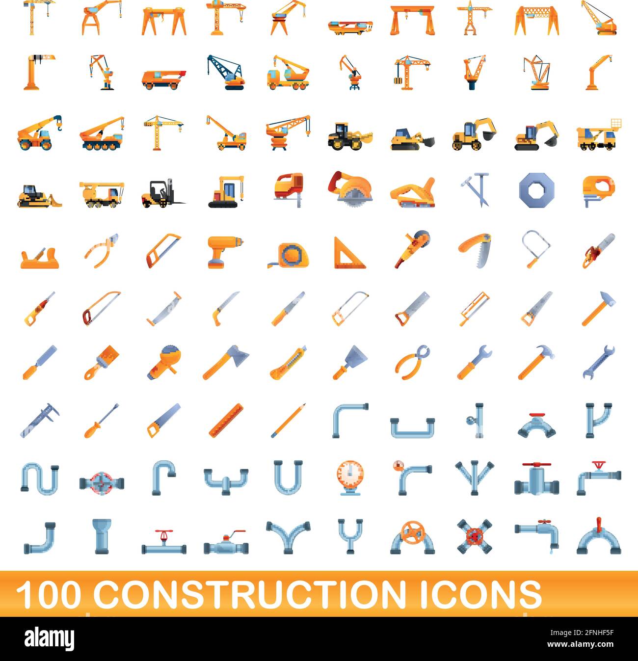 100 construction icons set. Cartoon illustration of 100 construction icons vector set isolated on white background Stock Vector