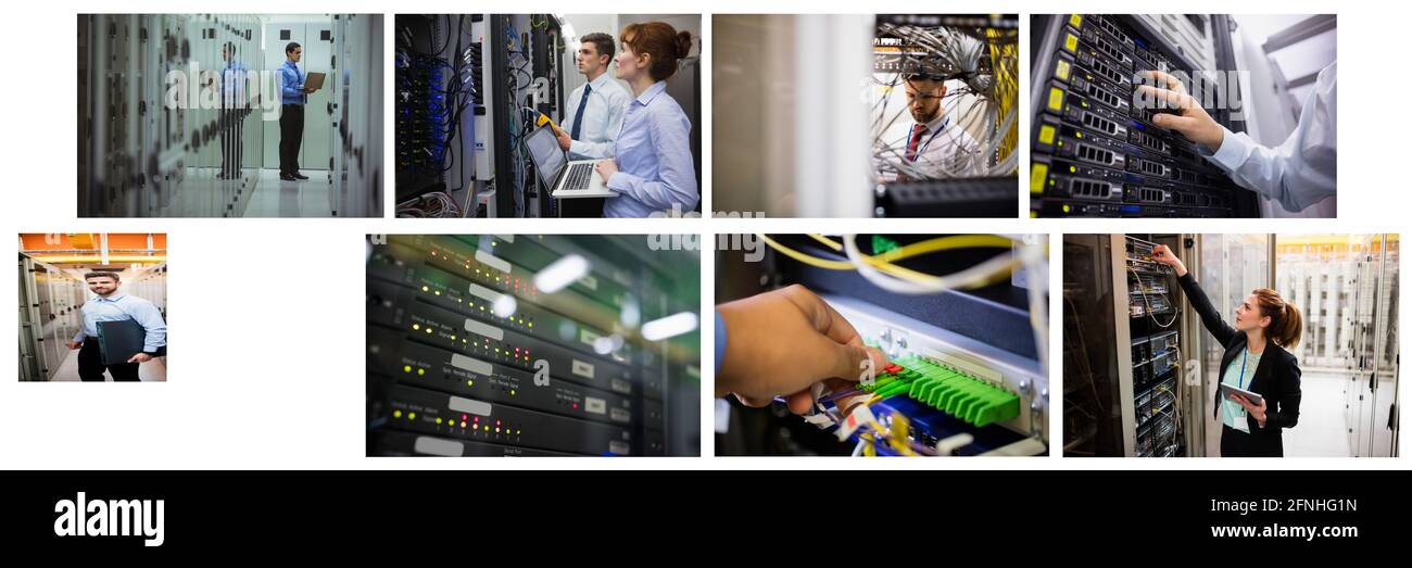 Composite of eight images with processors and technicians in tech room maintaining computer servers Stock Photo