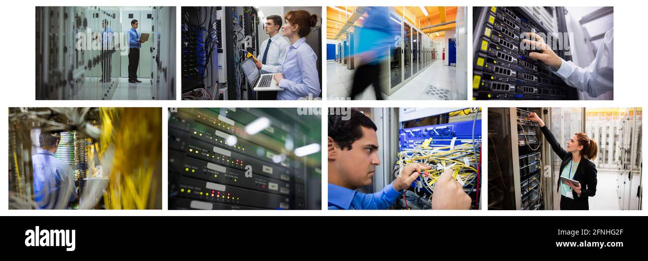 Composite of eight images with processors and technicians in tech room maintaining computer servers Stock Photo