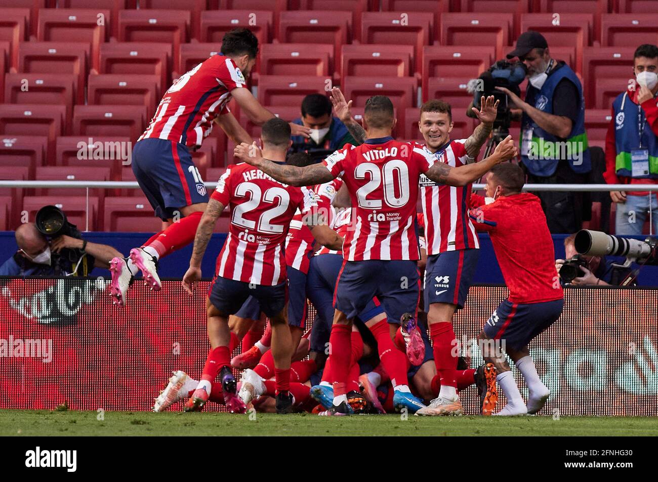 Madrid, Spain. 16th May, 2021. Players of Atletico de Madrid celebrate  after scoring a goal during the La Liga match round 36 between Atletico  Madrid and CA Osasuna at Wanda Metropolitano Stadium.Sporting