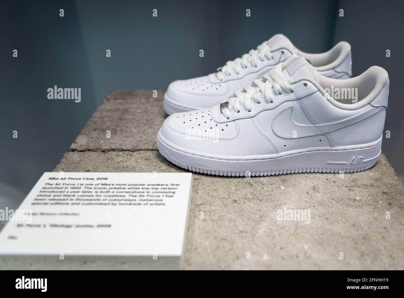 London, UK. 17 May 2021. "Nike Air Force 1 low", 2018, one of Nike's most  popular sneakers, first launched in 1982. Preview of “Sneakers Unboxed:  Studio to Street” at the Design Museum