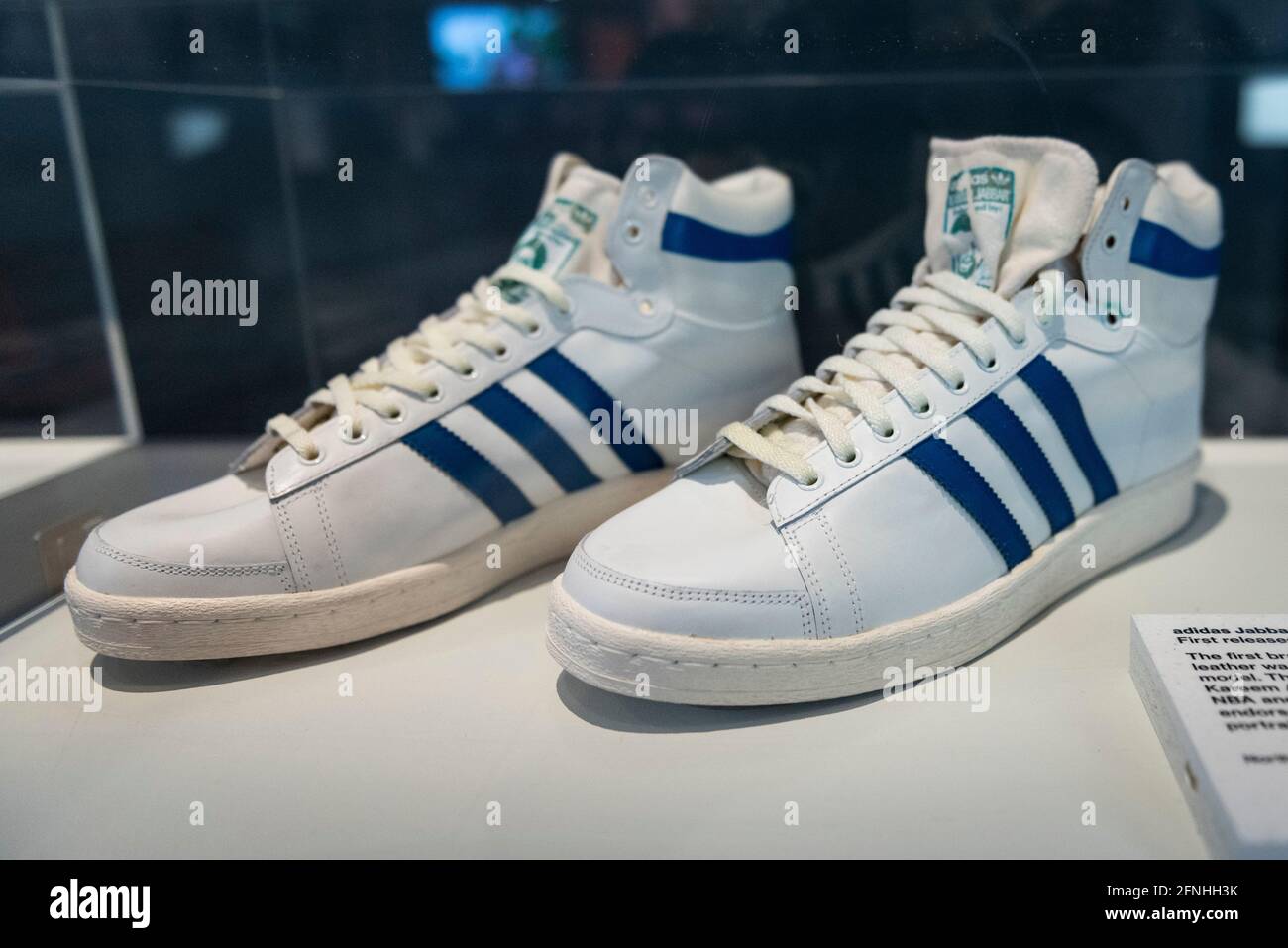 London, UK. 17 May 2021. "Adidas Jabbar", 1980s, first released in 1977,  and worn by NBA legend Kareem Abdul Jabbar. Preview of “Sneakers Unboxed:  Studio to Street” at the Design Museum in