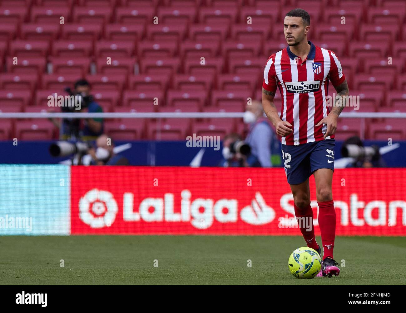Mario Hermoso (Atletico de Madrid) in action during the La Liga match round 36 between Atletico Madrid and CA Osasuna at Wanda Metropolitano Stadium.Sporting stadiums around Spain remain under strict restrictions due to the Coronavirus Pandemic as Government social distancing laws prohibit fans inside venues resulting in games being played behind closed doors. Final score; Atletico Madrid 2:1 CA Osasuna. (Photo by Manu Reino / SOPA Images/Sipa USA) Stock Photo