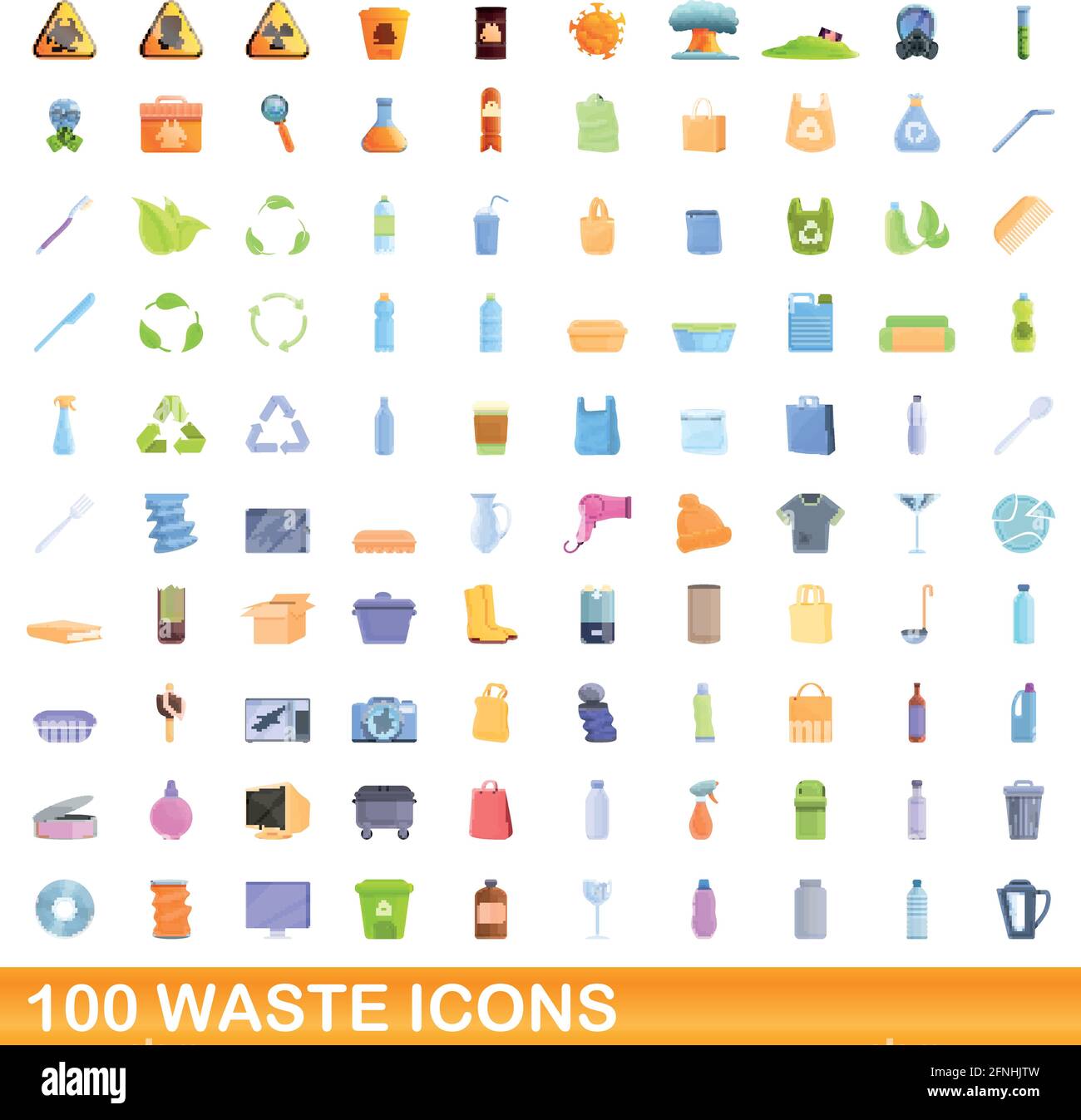 100 waste icons set. Cartoon illustration of 100 waste icons vector set isolated on white background Stock Vector