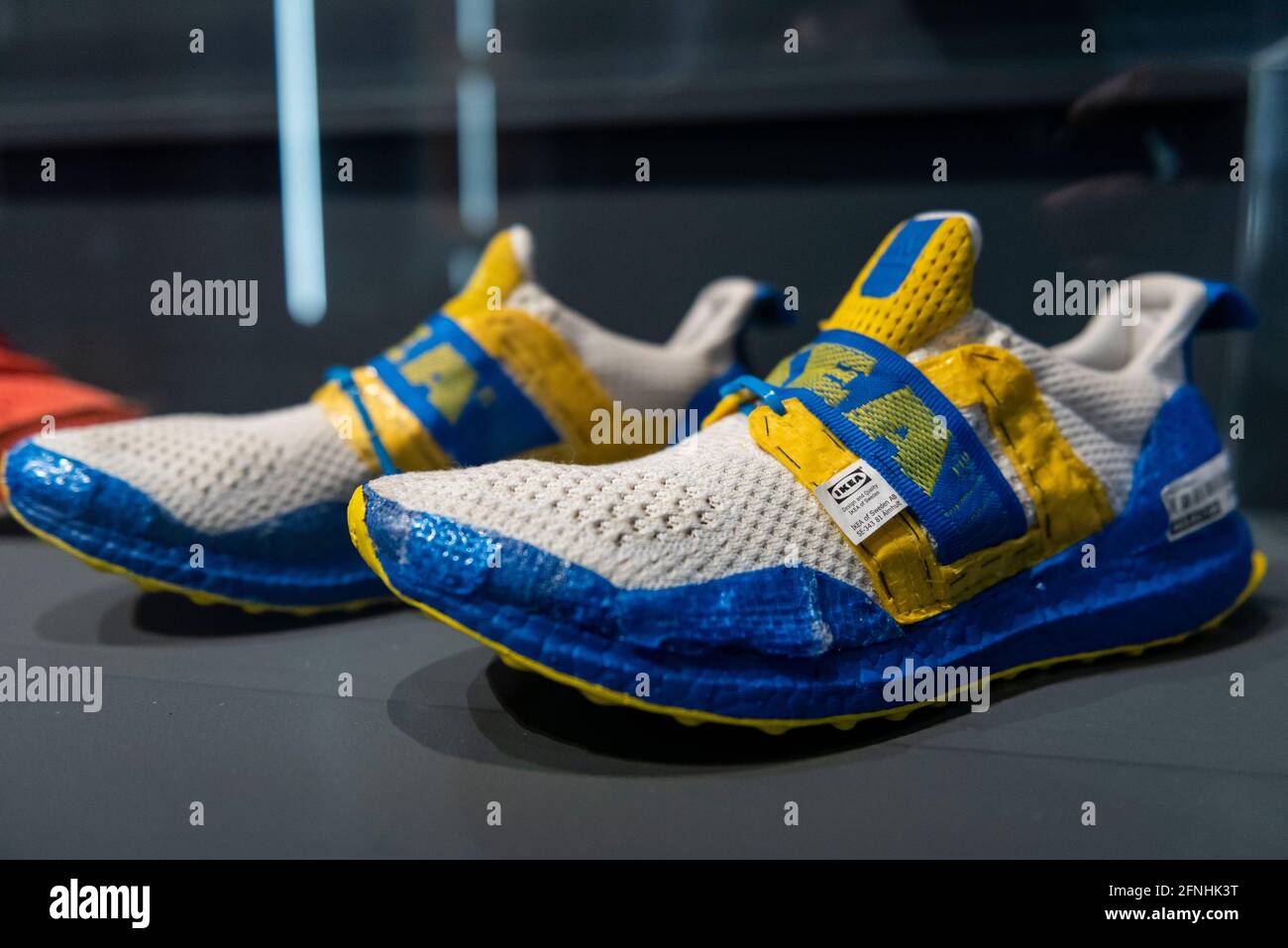 London, UK. 17 May 2021. "Adidas Ikea Ultraboost", 2017., customised by  Edmond Looi. Preview of “Sneakers Unboxed: Studio to Street” at the Design  Museum in Kensington. The exhibition explores how sneakers have