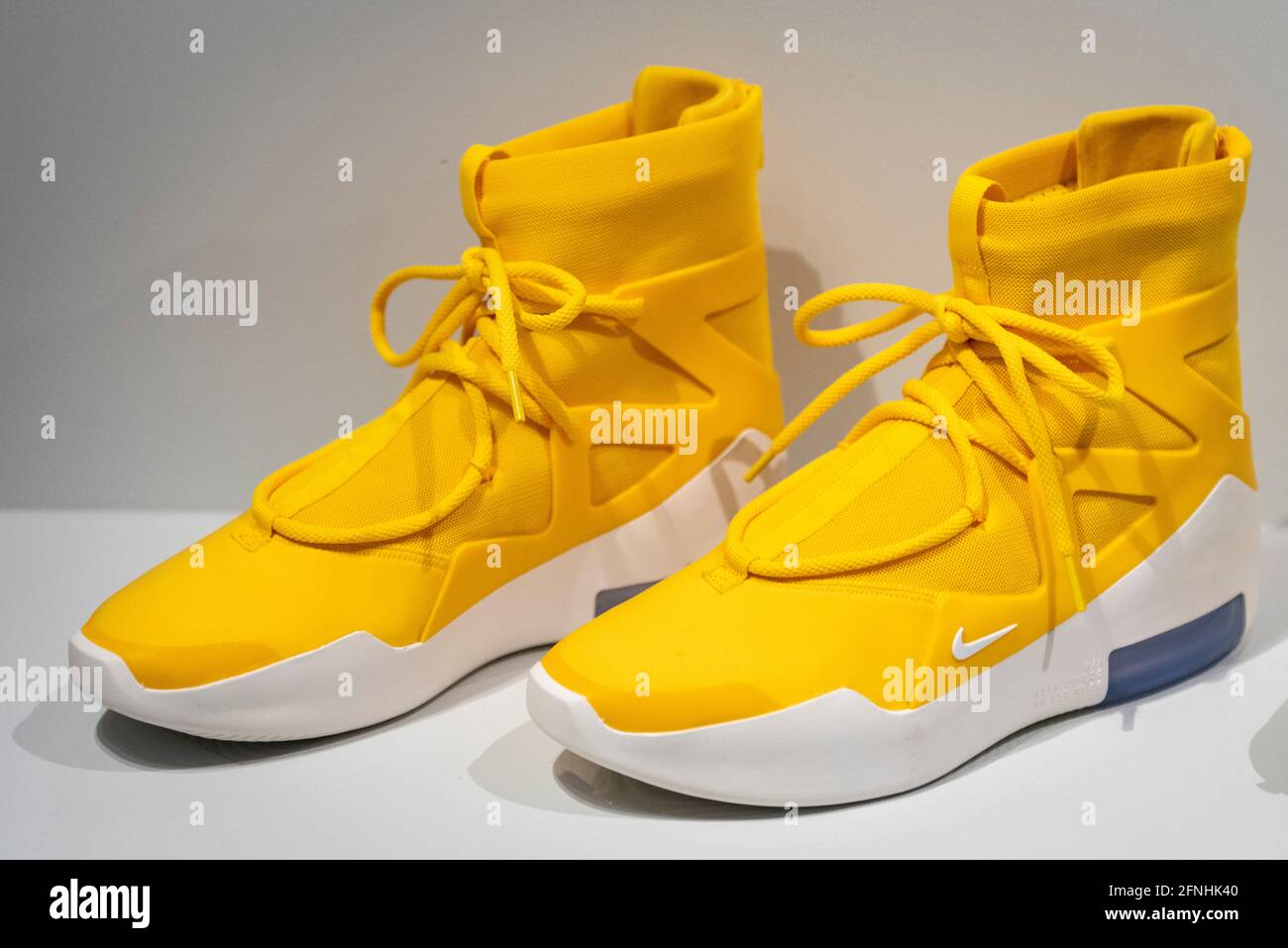 London, UK. 17 May 2021. "Nike x Fear of God Air 1 "Amarillo", 2019, a  collaboration between Nike and Jerry Lorenzo, founder of Fear of God  menswear. Preview of “Sneakers Unboxed: Studio