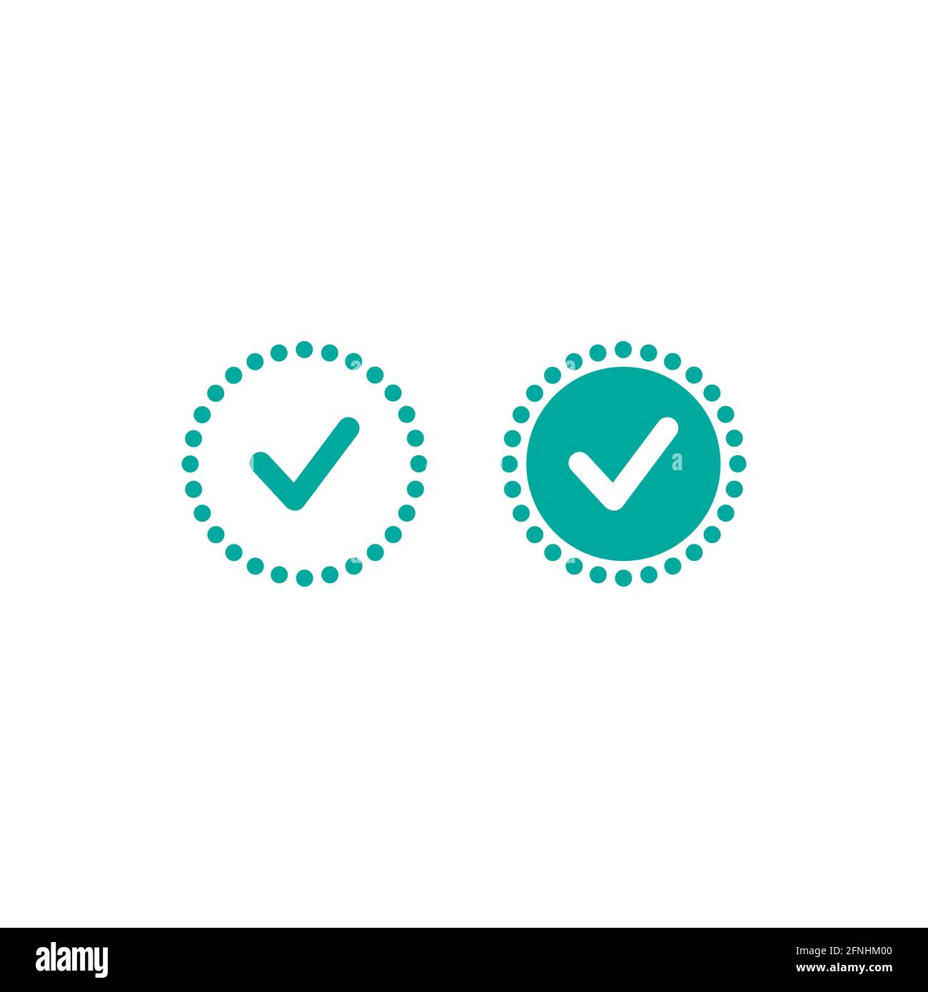 Valid Seal icons set. Blue circle with dots and tick. Flat OK sticker