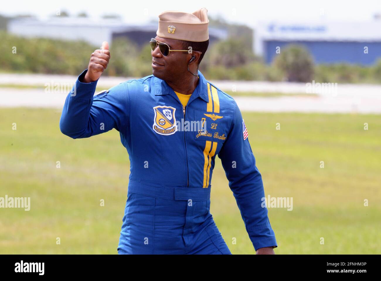 Melbourne. Brevard County. Florida. USA. May 16, 2021. Under partly cloudy sky's The Great Florida Air Show at the Orlando Melbourne International Airport concluded with the US Navy Blue Angels flying their new F/A-18 Super Hornets. The show had a mixture of aircraft flying from the private sector and military units. Credit: Julian Leek/Alamy Live News Stock Photo