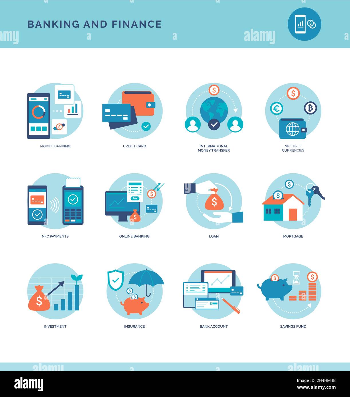 Online banking and financial services icons set: bank account, payments, funds, investments and loans Stock Vector