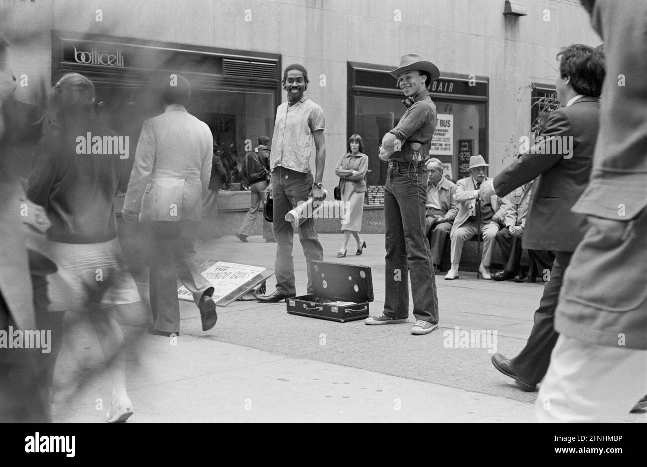 New York City Photo Essay, April 30, 1981- Street performers, The Gringo Guys, West 49th Street, Manhattan. Stock Photo