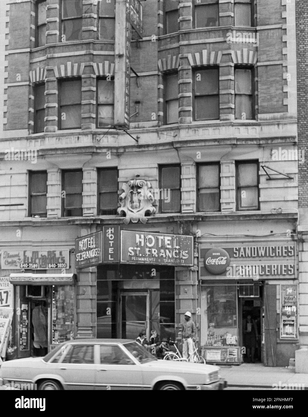 New York City Photo Essay, April 30, 1981- Hotel St. Francis for permanent and transient residents. Broadway and West 47th Street, Diamond Center, Manhattan. Stock Photo